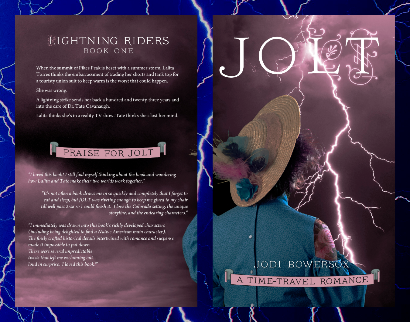 Front and back covers of Jolt.Lightning flashes in the background. A disheveled woman in a straw hat with flowers looks on. Her dress looks like it is from the late 1800's.