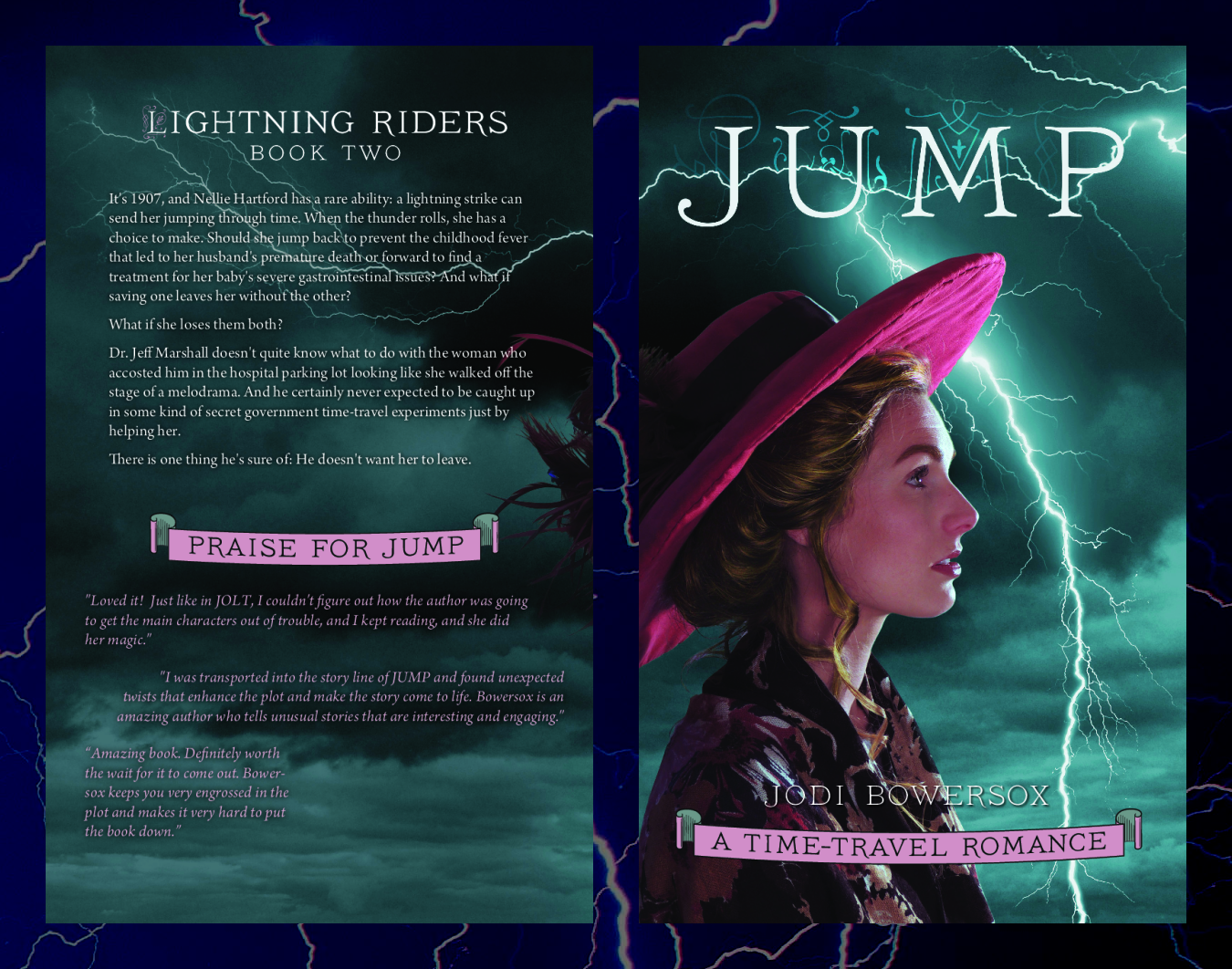 Cover of Jump. A young woman in a fuschia, wide-brimmed hat is in profile looking to the right. She has long hair pulled up under the hat. In the background lightning cuts across a green-tinted stormy sky.