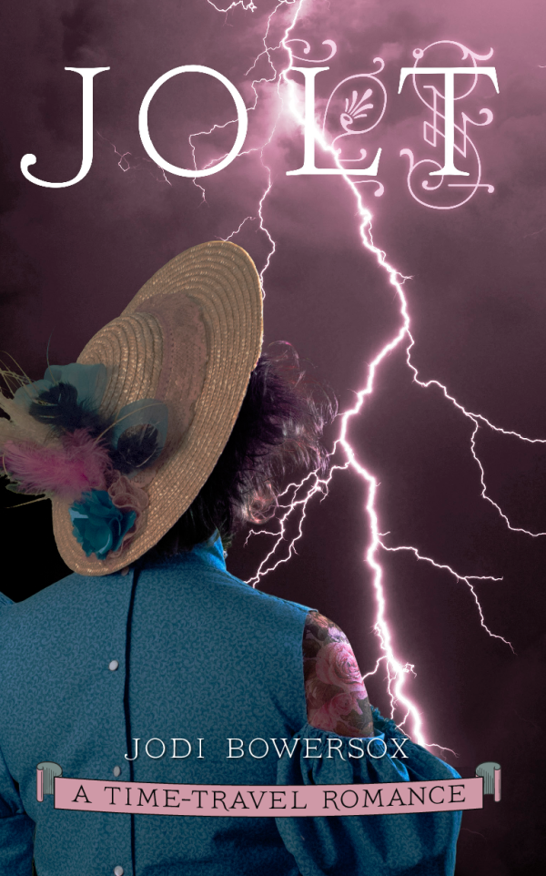 Front cover of Jolt. Lightning flashes in the background. A disheveled woman in a straw hat with flowers looks on. Her dress looks like it is from the late 1800's.