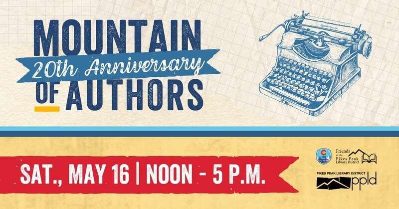 Old-timey typewriter with Mountain of Authors 20th Anniversary next to it.