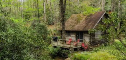 A rustic log cabin is nestled in a forest. The windows and doors are modern, but the wood is aged and grey. A deck is built on one side. Two orange chairs are on the deck. A third orange chair is on the ground next to the stairs leading up to the deck. A tree grows up through the deck and a shelf or table seems to have been constructed around the trunk.