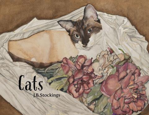 Cover of Cats. A silver point cat is cuddled up in a bag of flowers.